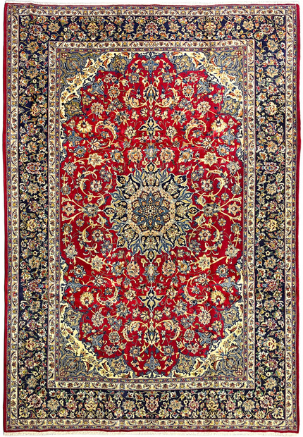 Full view of the palace size Najafabad showing red field navy borders and ivory spandrels