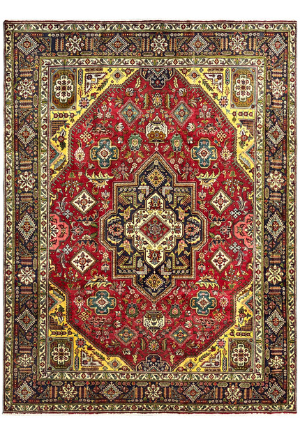 10'6" x 13'4" Persian Tabriz rug, red field with navy medallion, gold corners, and ivory indigo border