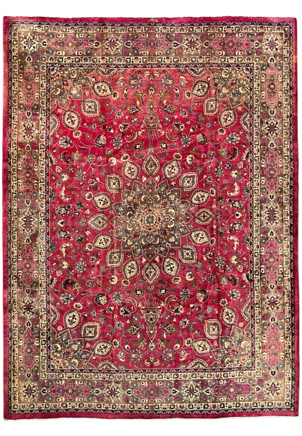 9'10" x 13' Persian Mashad rug, raspberry red field with all-over floral design and central medallion