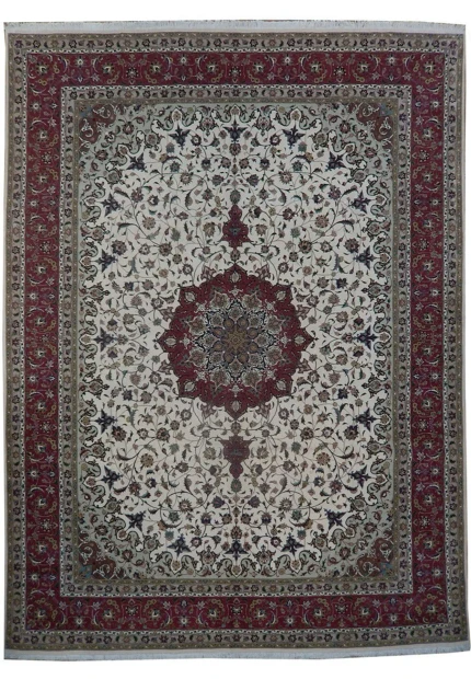 Full view of the 9'9" x 13' Persian Tabriz 60 Raj rug, ivory field with red medallion and border