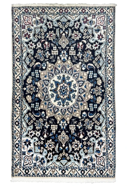 3 x 5 Persian Nain rug with an ivory star medallion on a navy blue field, hand-knotted wool
