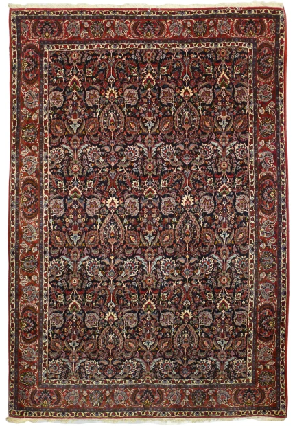 7 x 10 Persian Bijar Halvai rug with a densely flowered navy field and red border, hand-knotted wool