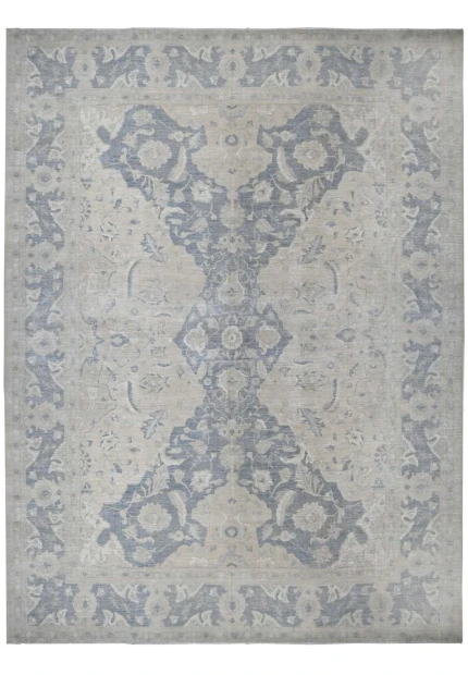18 x 24 palace-size Peshawar rug with a paper-white field and slate-blue Polonaise design