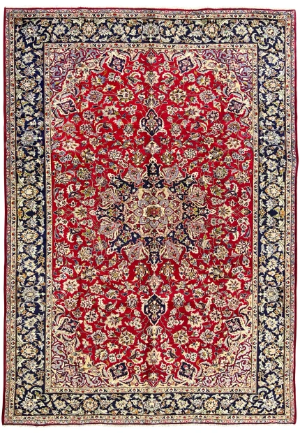 Hand-knotted wool Najafabad showing an allover floral field and central medallion in crimson and navy tones.