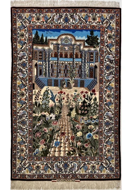3'6 x 5'6 Persian Isfahan pictorial rug by Javad Eslimi with garden path and tiled palace facade.