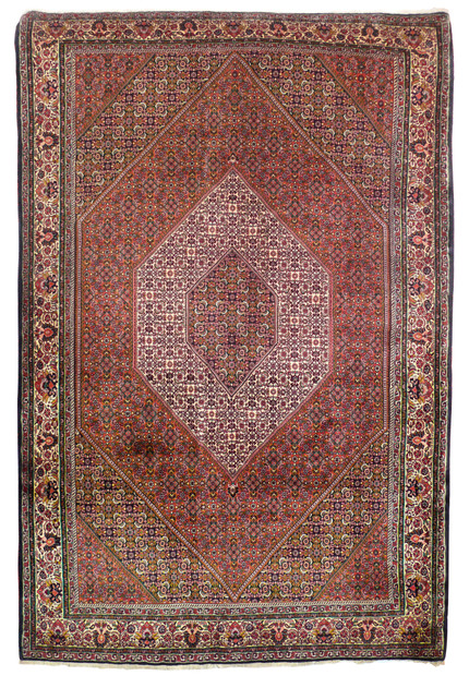 6'7 x 10'2 Persian Bijar iron rug, brick red herati field with ivory diamond medallion and floral border