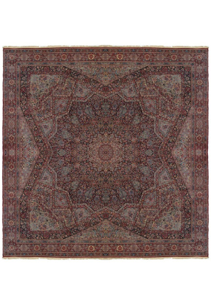 18 x 18 Antique Persian Kerman Rug | Square Palace Size | Navy Star Medallion | 100 Years Old