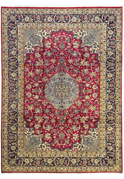 Full view of 9'10 x 13'2 Persian Isfahan Rug with intricate floral medallion and rich color palette.