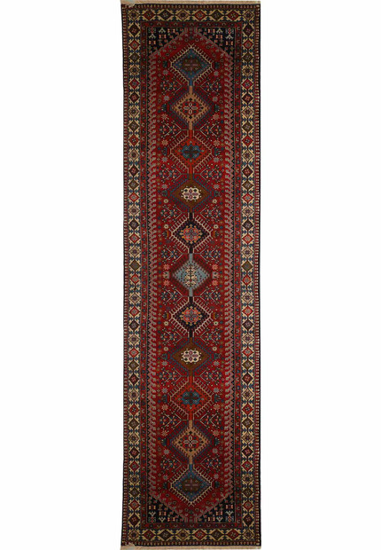 Top view of 3' x 14' Persian Geometric Yalameh Rug featuring intricate geometric patterns