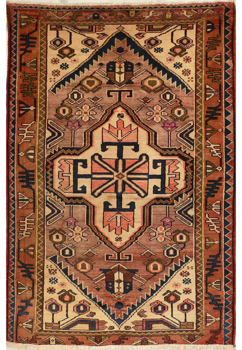 Overall view of the 3'4 x 5'2 Antique Persian Khamseh Tribal Rug showcasing its vibrant patterns