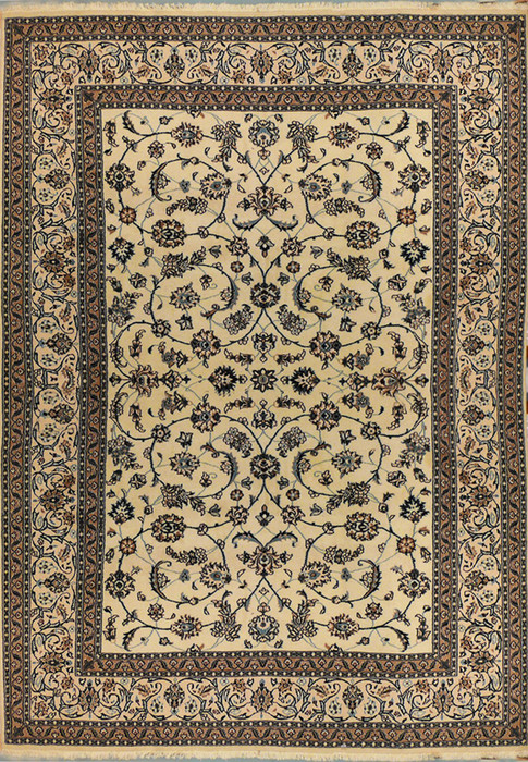 Full view of 8×11 Persian Nain rug with beige background and blue motif accents