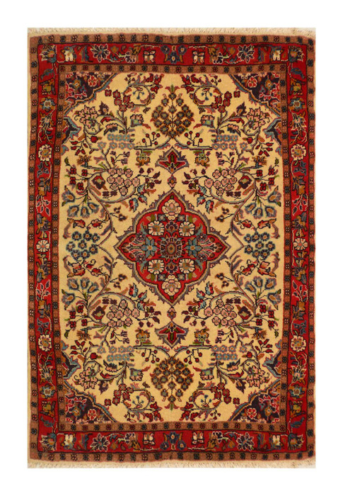 Full view of the 3'5 x 4'10 Persian Koliai rug with tribal designs