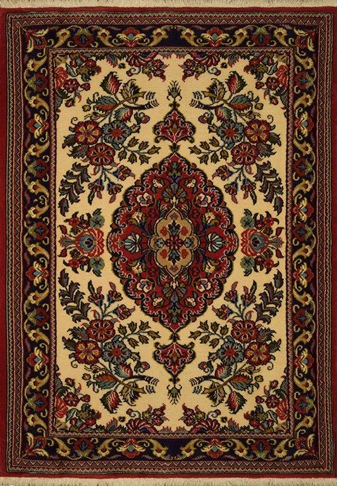 Overall view of the 2'5" x 3'5" Persian Qum Kork Rug, showcasing its fine craftsmanship and detailed patterns