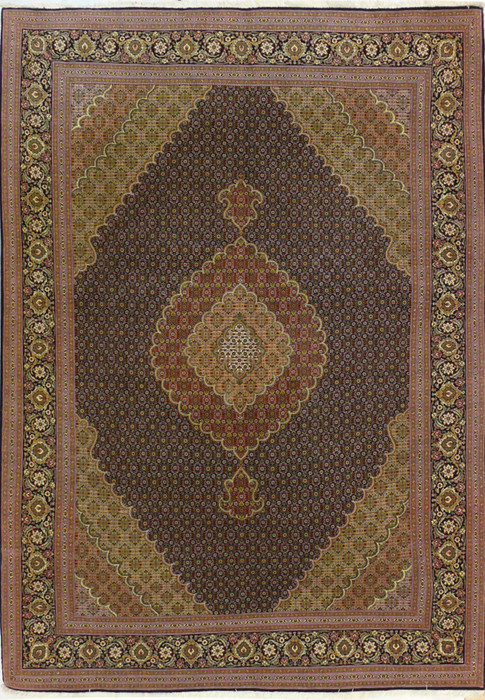 Overall view of the 7' x 10' Persian Tabriz Mahi 50 Raj Rug, showcasing its detailed patterns and silk sheen.