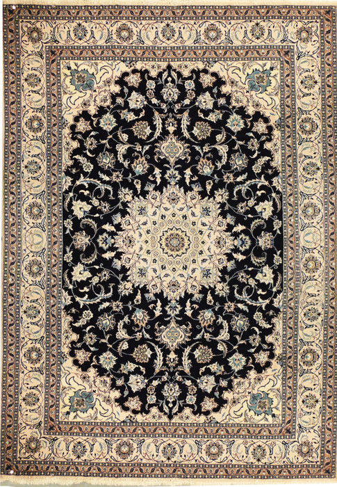 Full view of 8′1″ × 11′4″ Persian Nain rug with beige field and navy medallion