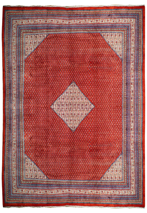 Stunning medallion design on a 10x13 Persian Sarough Mir rug. The intricate details and rich colors create a timeless and sophisticated look