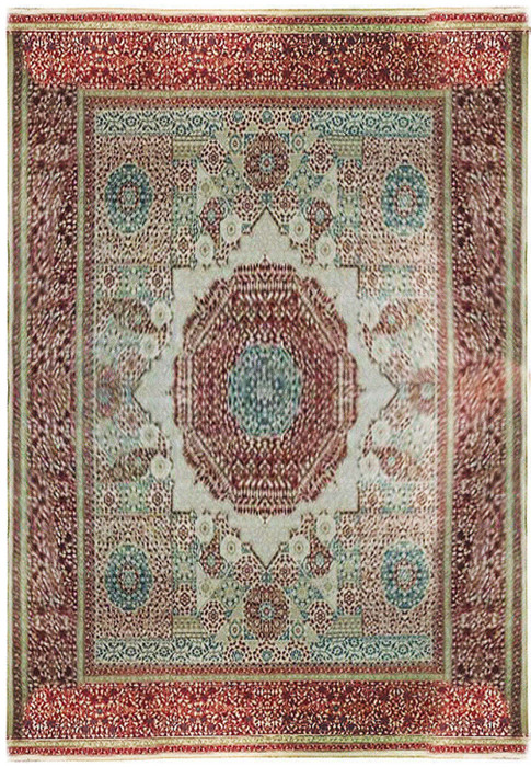 Close-up of the central medallion pattern on a handmade Agra rug, showcasing the detailed craftsmanship and rich burgundy color