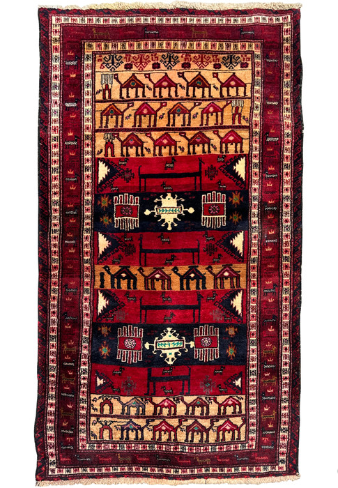 Full view of a 3x5 Persian Baluch Tribal rug with vibrant red background and traditional tribal patterns