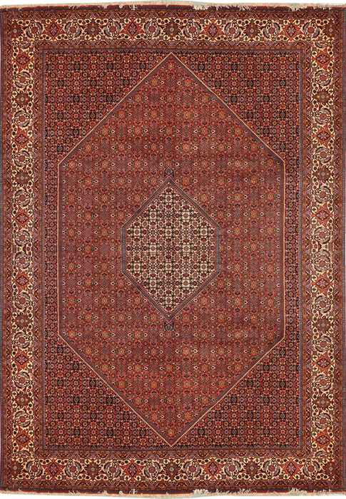 Overhead view of an 8'2" x 11'7" Persian Bijar Rug with a burgundy field and intricate silk accents.