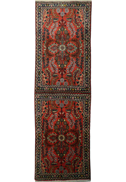 Full-length view of a Persian Darjazin runner rug with a deep red central field bordered by intricate guard borders.