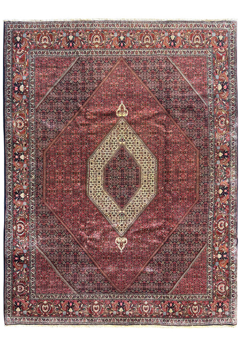 Overhead view of a 9'8 x 12'6 Persian Bijar rug showcasing the entire pattern with a central medallion and ornate borders in deep red and cream hues