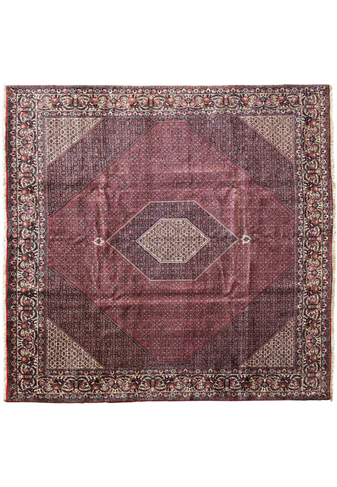 An expansive Persian Bijar square rug measuring 11'6x11'6, displaying a rich burgundy field with a large, central diamond medallion and intricately detailed geometric patterns.