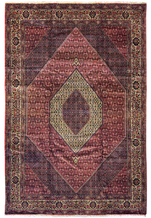 Overhead view of a 9'7" x 13'8" Persian Bijar Rug, displaying an intricate central medallion and a complex border with deep red and navy blue hues