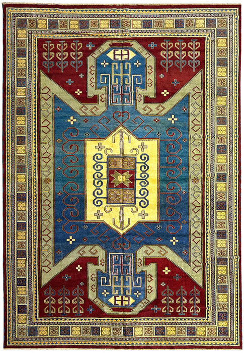 This image displays the full layout of a 12 x 18 Kazak rug, showcasing intricate geometric and floral patterns set against a deep red central area, bordered by blue and detailed with cream and yellow accents. The design includes symmetrical cruciform motifs and decorative borders.
