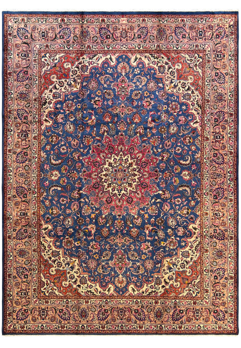Top view of a 10x13'5 Persian Mashad Rug showcasing a detailed central medallion with crimson red, navy blue, and ivory floral patterns