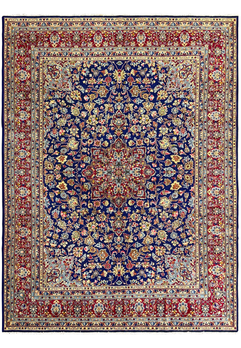 Detailed view of a 10 x 13'6 Persian Kerman Rug, approximately 50 years old, showcasing its intricate floral pattern and vibrant colors, in like-new condition, never used