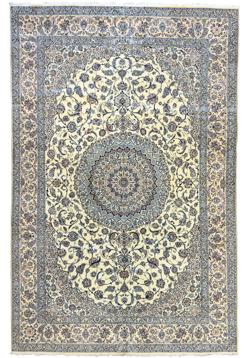 Top view of a 13 x 20 Persian Nain 9LAA Wool & Silk Rug with intricate floral medallion and border design