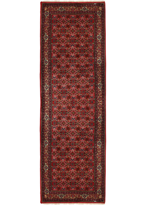 Full view of the 3' x 9'9" Persian Bijar runner rug, laid out flat to display its complete design. The rug features a dominant red color palette with intricate patterns and border details, typical of traditional Persian artistry.