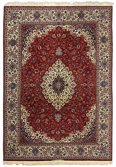 Full view of 8'3 x 12'2 Persian Isfahan Silk Rug, signed Seirafian