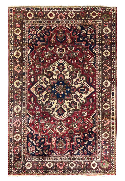 Full view of a 6'6" x 10' Persian Bakhtiar rug featuring a central medallion, geometric patterns, and floral motifs in rich red, navy blue, olive green, and ivory colors