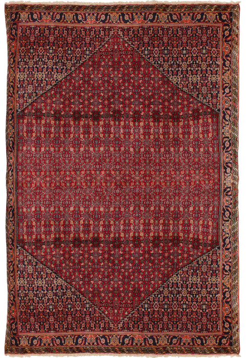 7x10 Antique Persian Bijar Rug full view with intricate geometric and floral designs