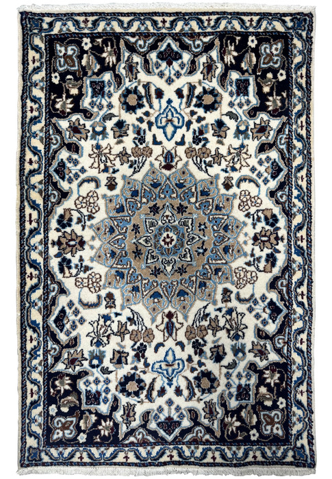Full view of a 3 x 4'5 Nain Persian Rug with intricate floral design.