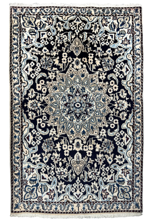 Full view of a 3x5 Persian Nain rug with intricate patterns and rich colors.