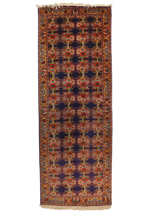 Full view of 2'6 x 7 Persian Bijar Runner showcasing navy blue base with intricate floral and vine patterns.