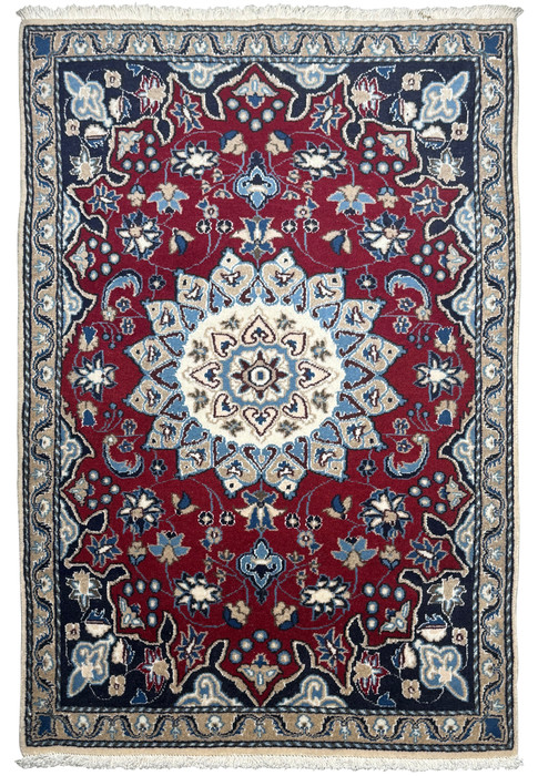 Full view of the 2'10" x 4'5" Red Persian Nain Rug with a central medallion and floral border in vibrant colors.
