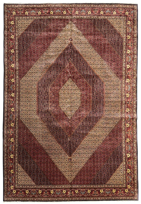 Full view of 13 x 20 Persian Bijar Rug showcasing intricate hexagonal medallion and floral motifs.