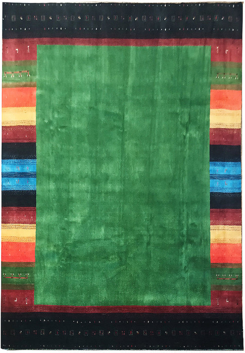 Full view of 8'3" x 9'11" Gabbeh rug with green central field and colorful border design.