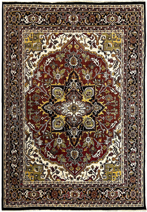 12 x 16 Oriental Heriz Rug full view showing intricate medallion and border patterns in maroon, cream, black, and gold colors.