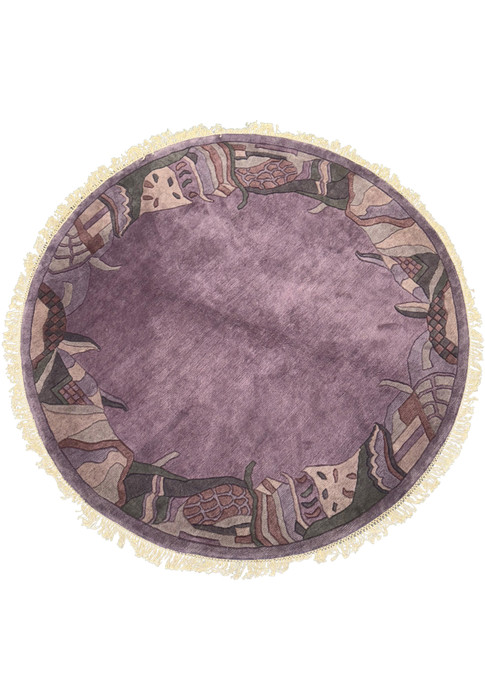 Round Nepali Art Deco Rug with Tibetan wool, 7'3 x 7'3, featuring intricate border designs in lavender, plum, beige, and green.