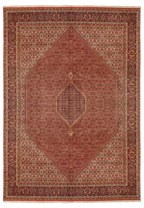 Full view of a handwoven 8 x 11 Persian Bijar Rug, featuring a large hexagonal medallion and intricate patterns.