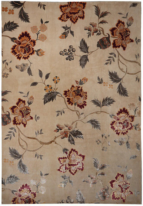 9x12 modern Tibetan rug with ivory background and burgundy floral silk accents