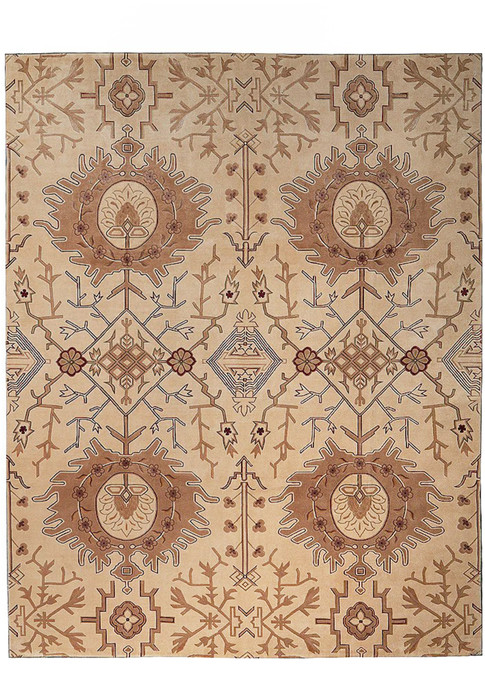 Full view of 7'8 x 9'8 Modern Nepal rug with abstract geometric pattern and neutral tones
