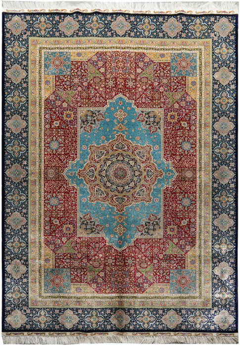 6x9 signed oriental silk rug, hand-knotted in China, vintage Kurosh design with medallion and floral motifs