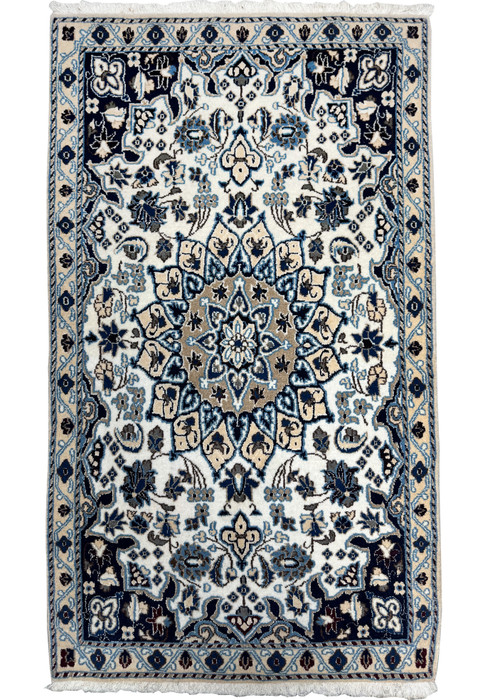 Full view of 2'9 x 4'10" Ivory Nain Persian Rug with ivory field and navy border