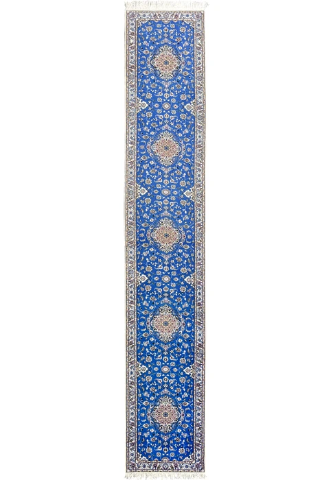 2'8 x 17'2 Blue Persian Nain 6LA Runner with royal blue field and ivory border, wool and silk handmade rug from Iran.