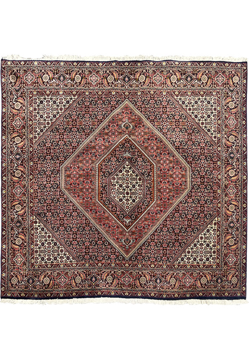 Full overhead view of 6'5" × 6'2" square Bijar Persian rug showing rust, navy, and ivory medallion pattern with floral lattice and ornate borders.